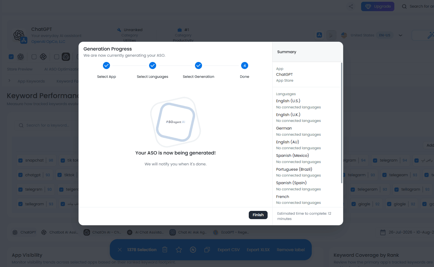 ASO Agent generating localized app-store metadata across multiple languages