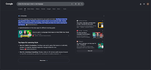 A AI Overview do Google a recomendar diferentes apps de aprendizagem de línguas para diferentes necessidades, com fontes externas a sustentar a resposta